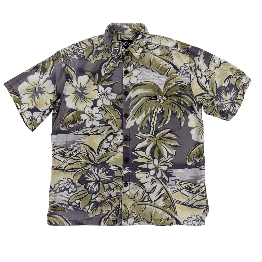 RiX Shirt Mens Medium Greem Gray Floral Hawaiian Short Sleeve Button Up Aloha
